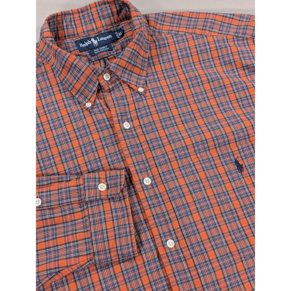 Ralph Lauren Shirt Men's Extra Large Orange Blue Check Big Shirt 90s Vintage